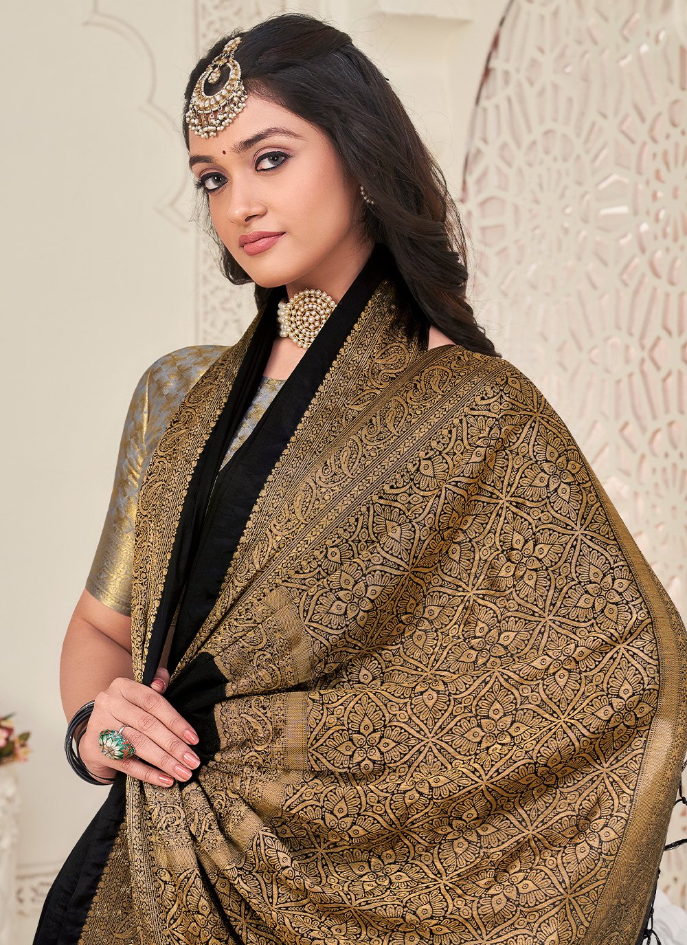 Contemporary Chinon Silk Black Patch Border Saree