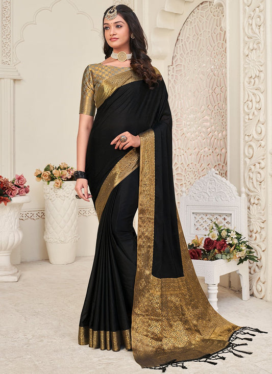 Contemporary Chinon Silk Black Patch Border Saree