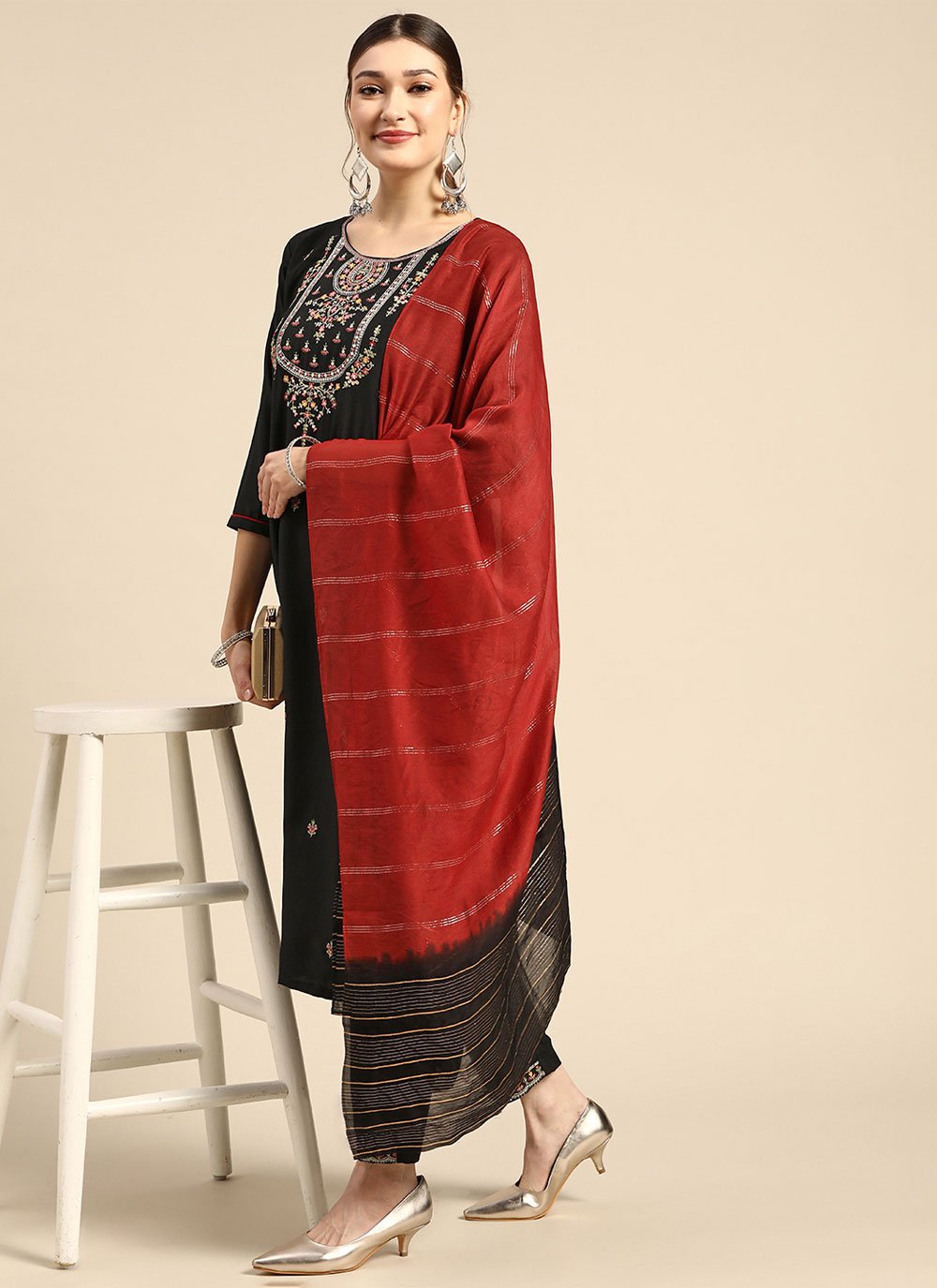 Salwar Suit Chinon Black Embroidered Salwar Kameez