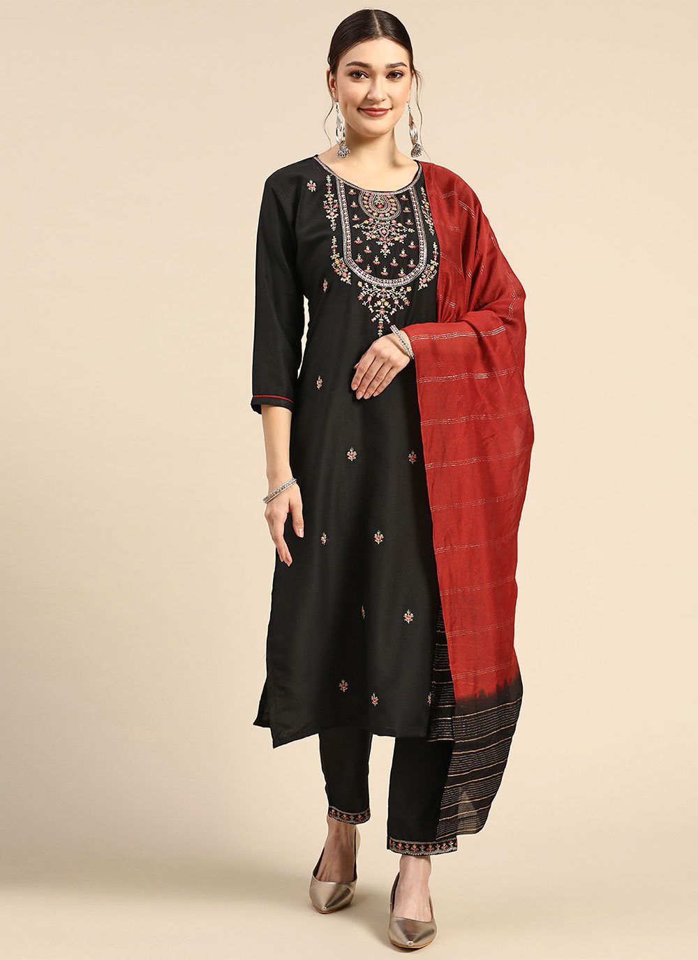 Salwar Suit Chinon Black Embroidered Salwar Kameez