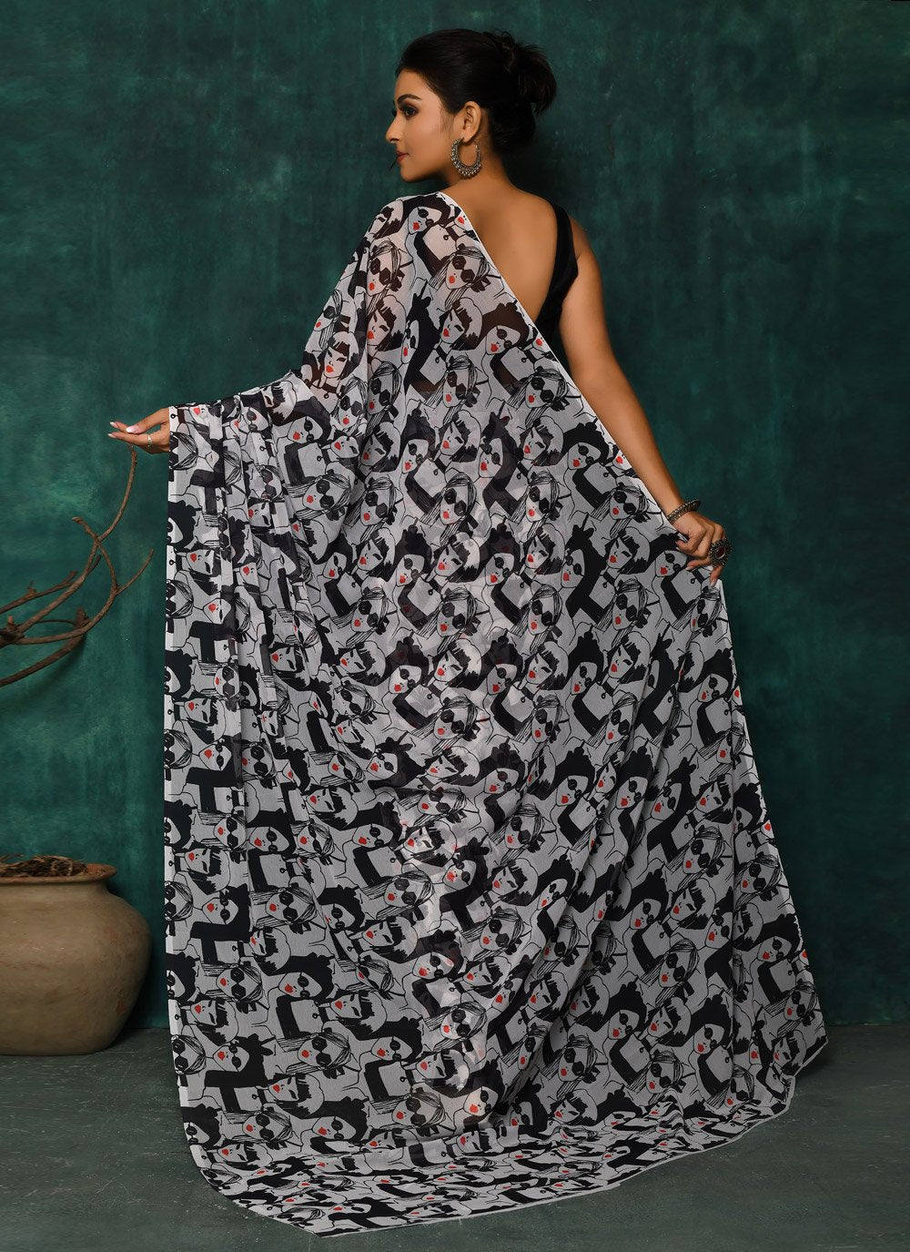 Designer Faux Georgette Black Digital Print Saree