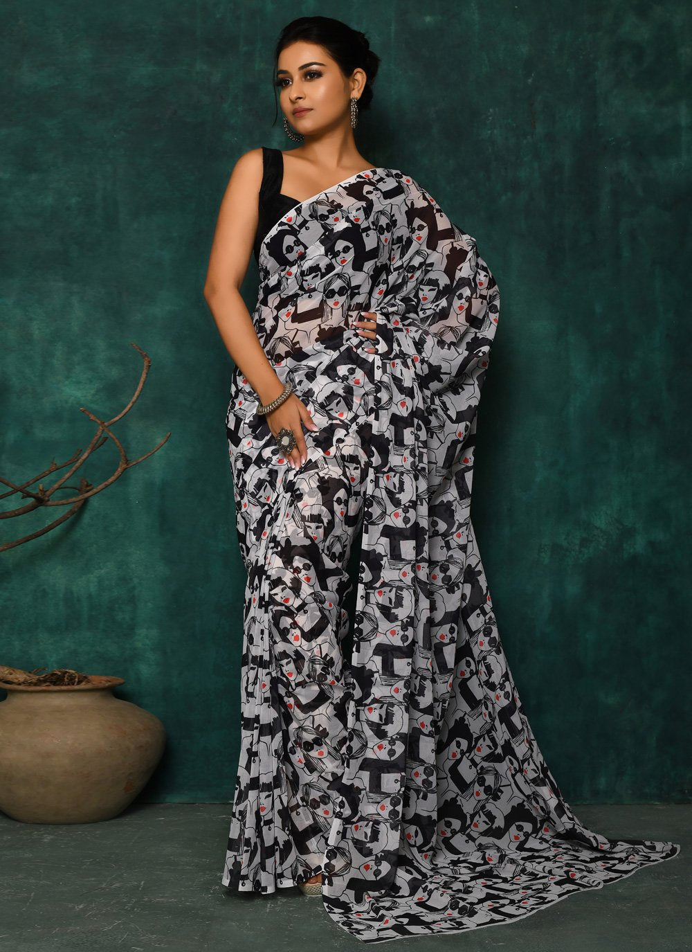 Designer Faux Georgette Black Digital Print Saree