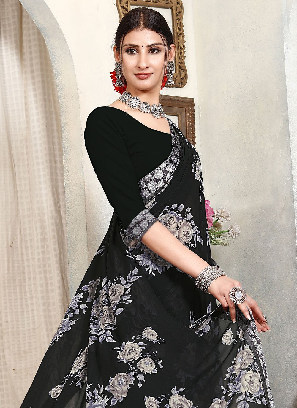 Classic Satin Black Lace Saree