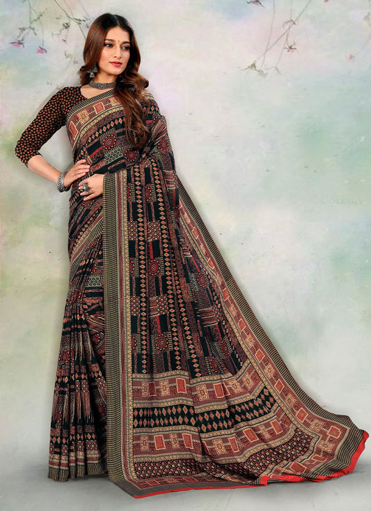 Casual Pure Crepe Black Print Saree