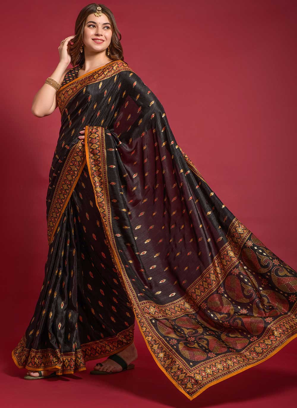 Casual Silk Black Foil Print Saree