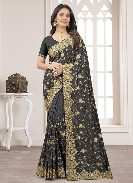 Classic Vichitra Silk Black Embroidered Saree