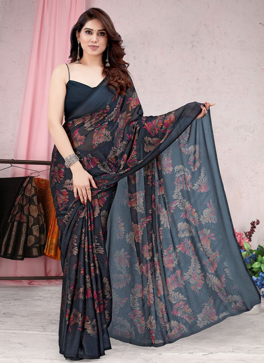 Classic Chiffon Black Floral Patch Saree