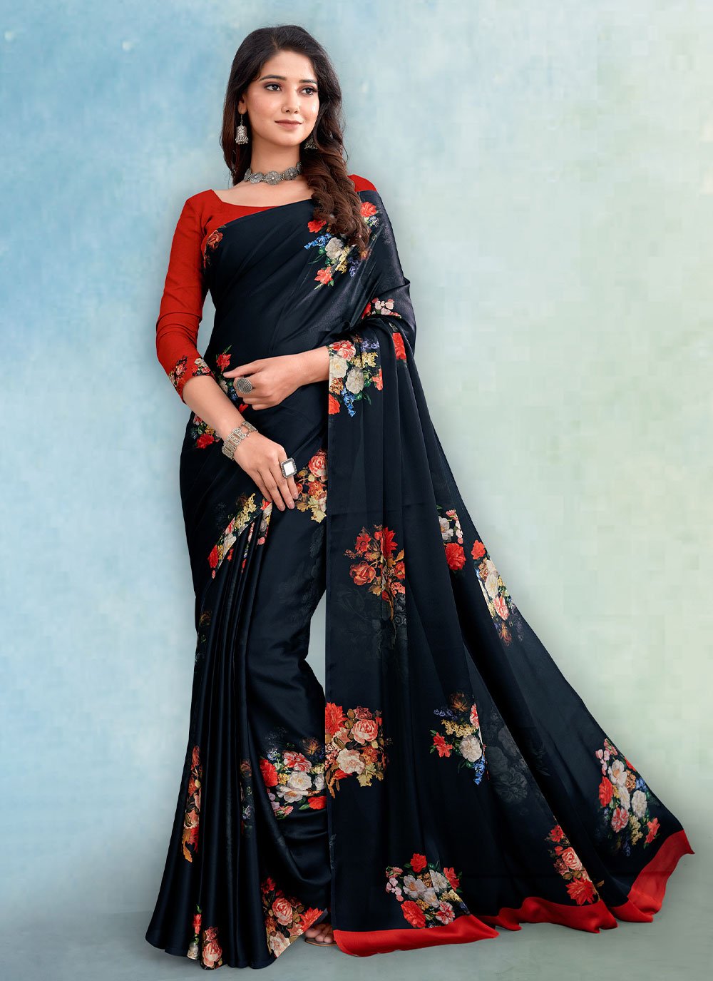 Classic Satin Black Digital Print Saree