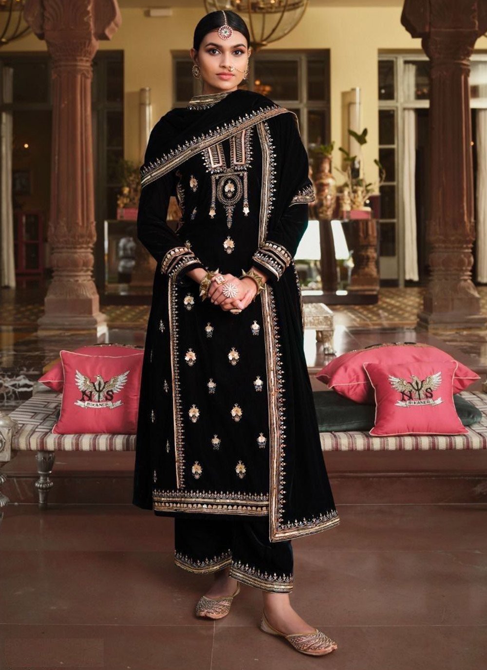 Palazzo Salwar Suit Velvet Black Embroidered Salwar Kameez