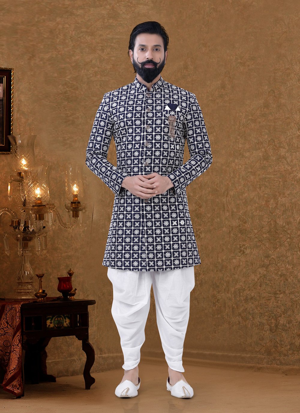 Dhoti Kurta Lucknowi Black Fancy Work Mens