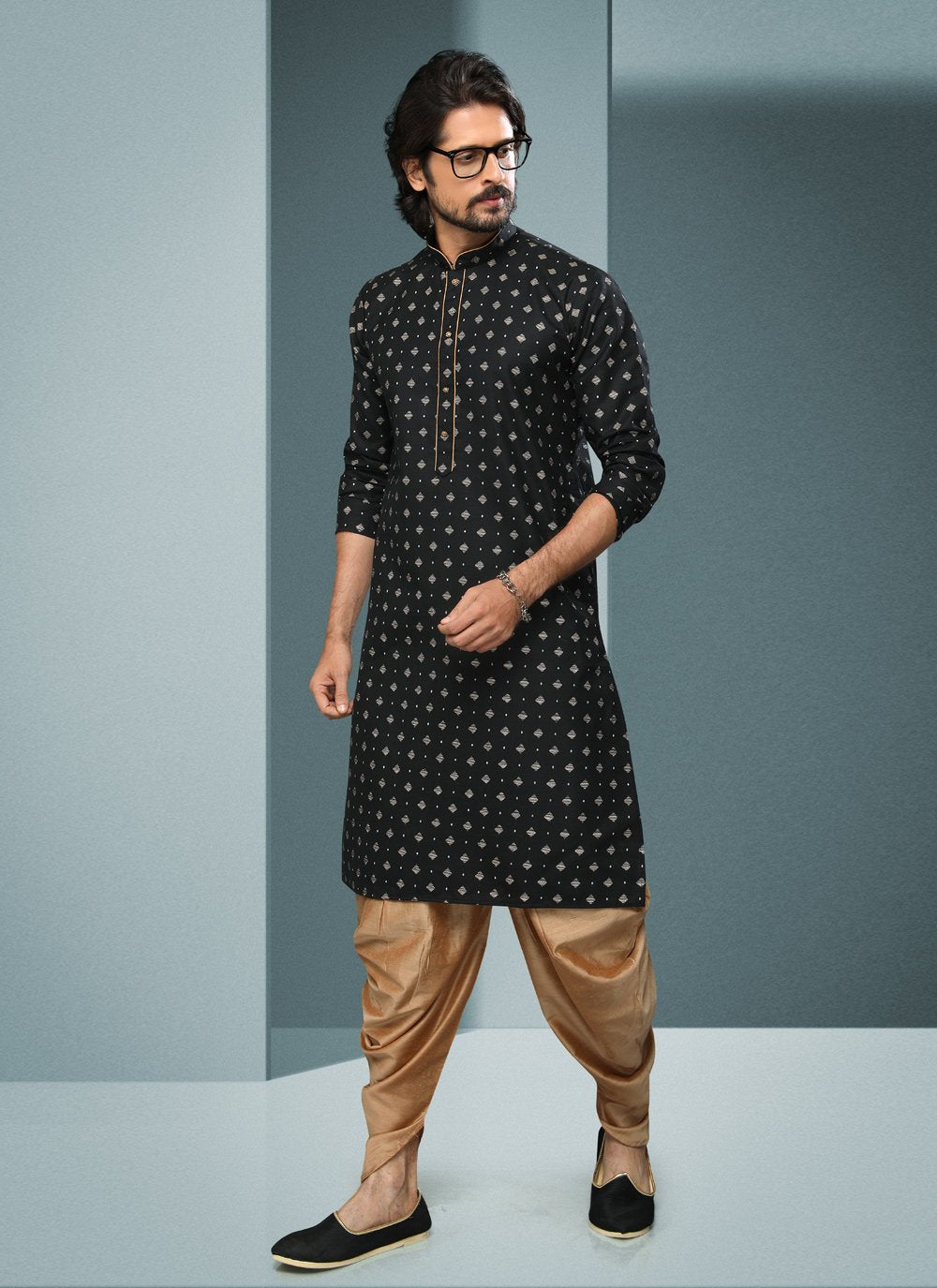 Dhoti Kurta Handloom Cotton Black Digital Print Mens