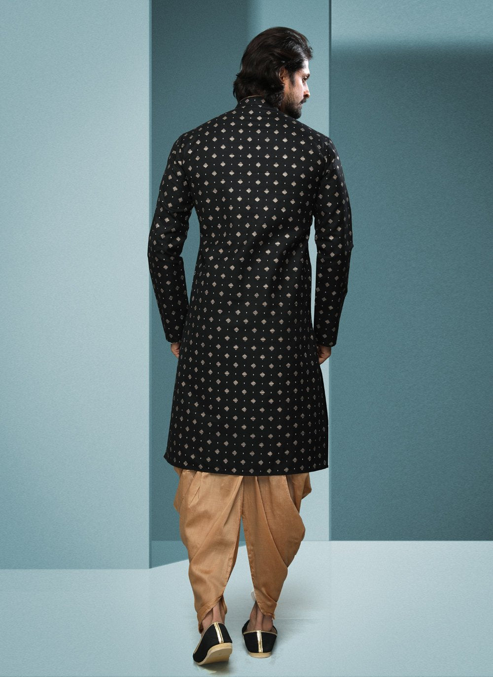 Dhoti Kurta Handloom Cotton Black Digital Print Mens