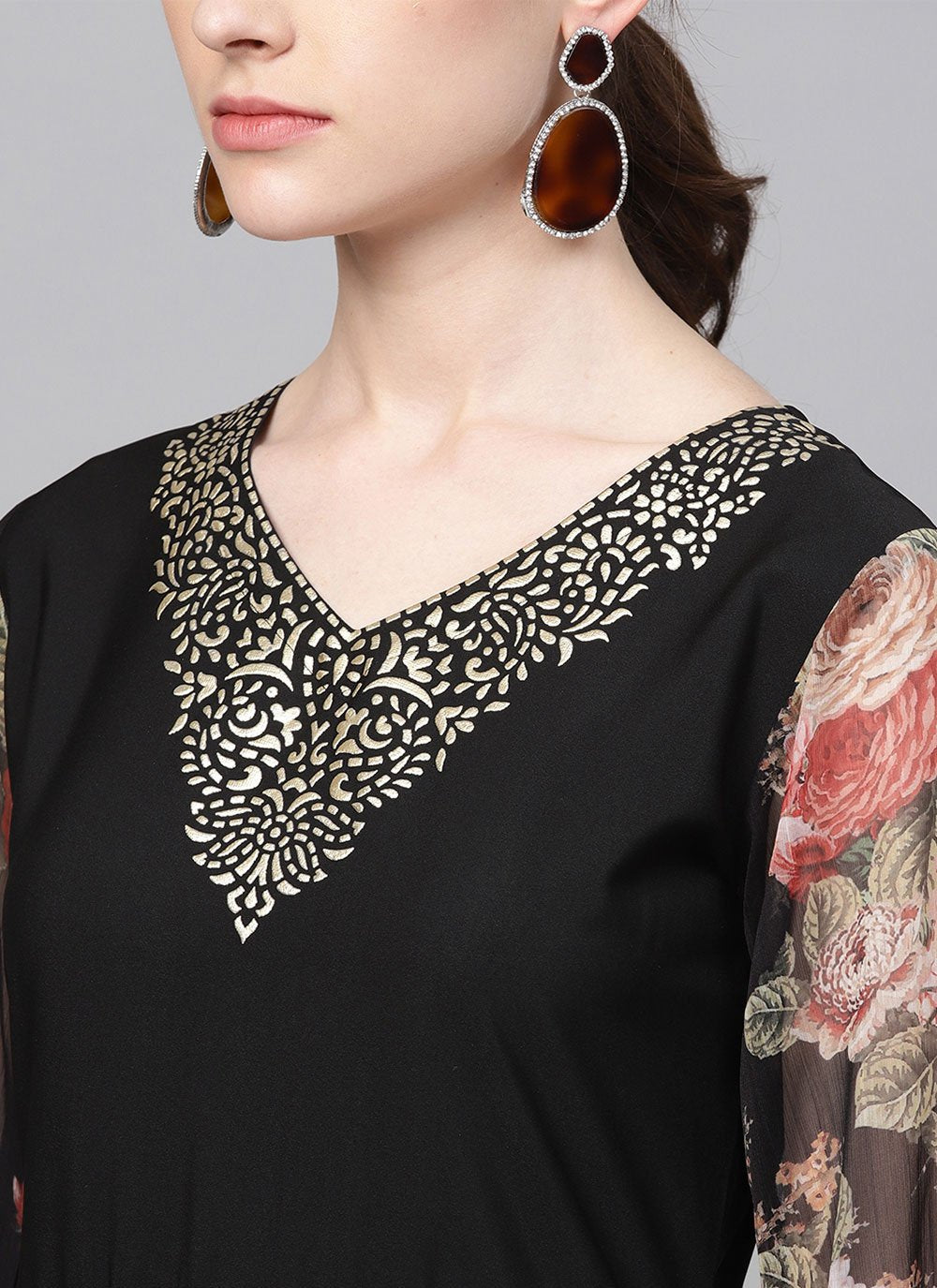 Floor Length Kurti Crepe Silk Black Foil Print Kurtis