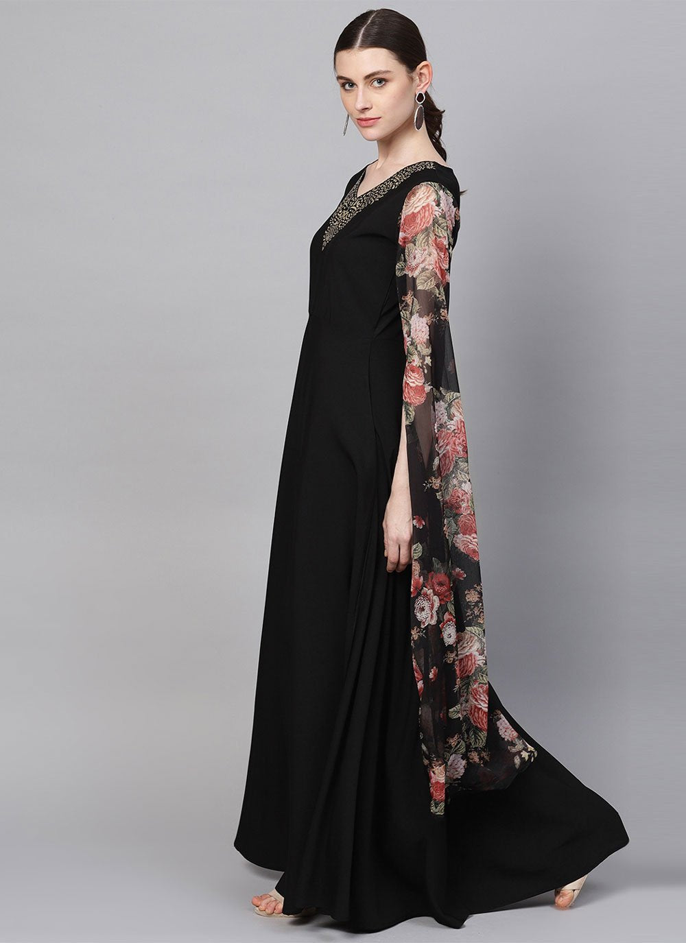 Floor Length Kurti Crepe Silk Black Foil Print Kurtis