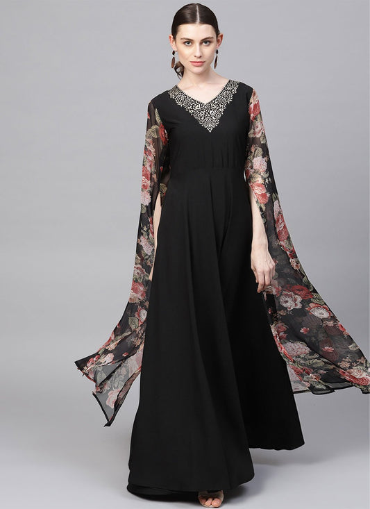 Floor Length Kurti Crepe Silk Black Foil Print Kurtis