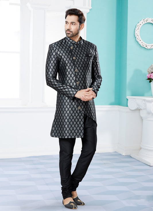 Indo Western Sherwani Banarasi Jacquard Black Embroidered Mens