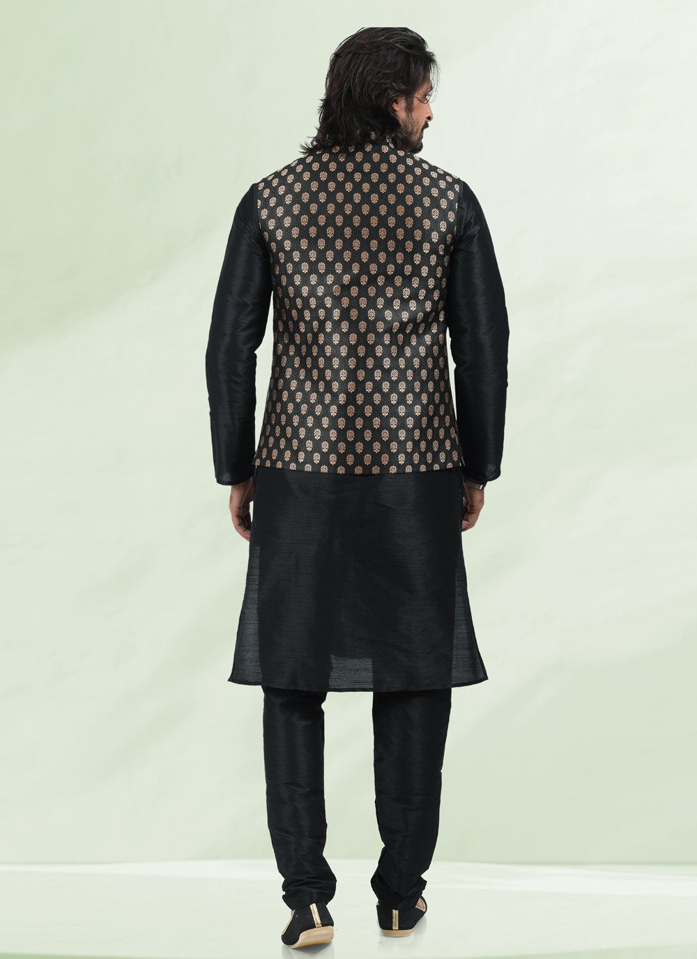 Kurta Payjama With Jacket Banarasi Silk Jacquard Black Jacquard Work Mens