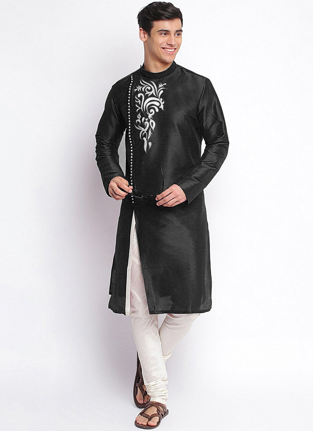 Kurta Pyjama Art Dupion Silk Black Embroidered Mens