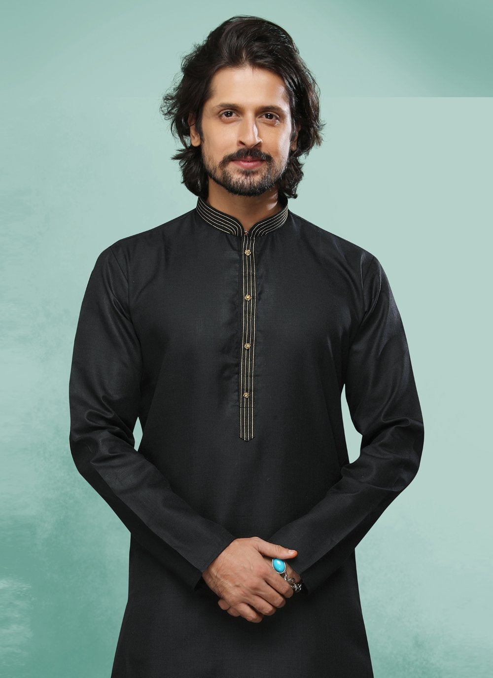 Kurta Pyjama Handloom Cotton Black Embroidered Mens