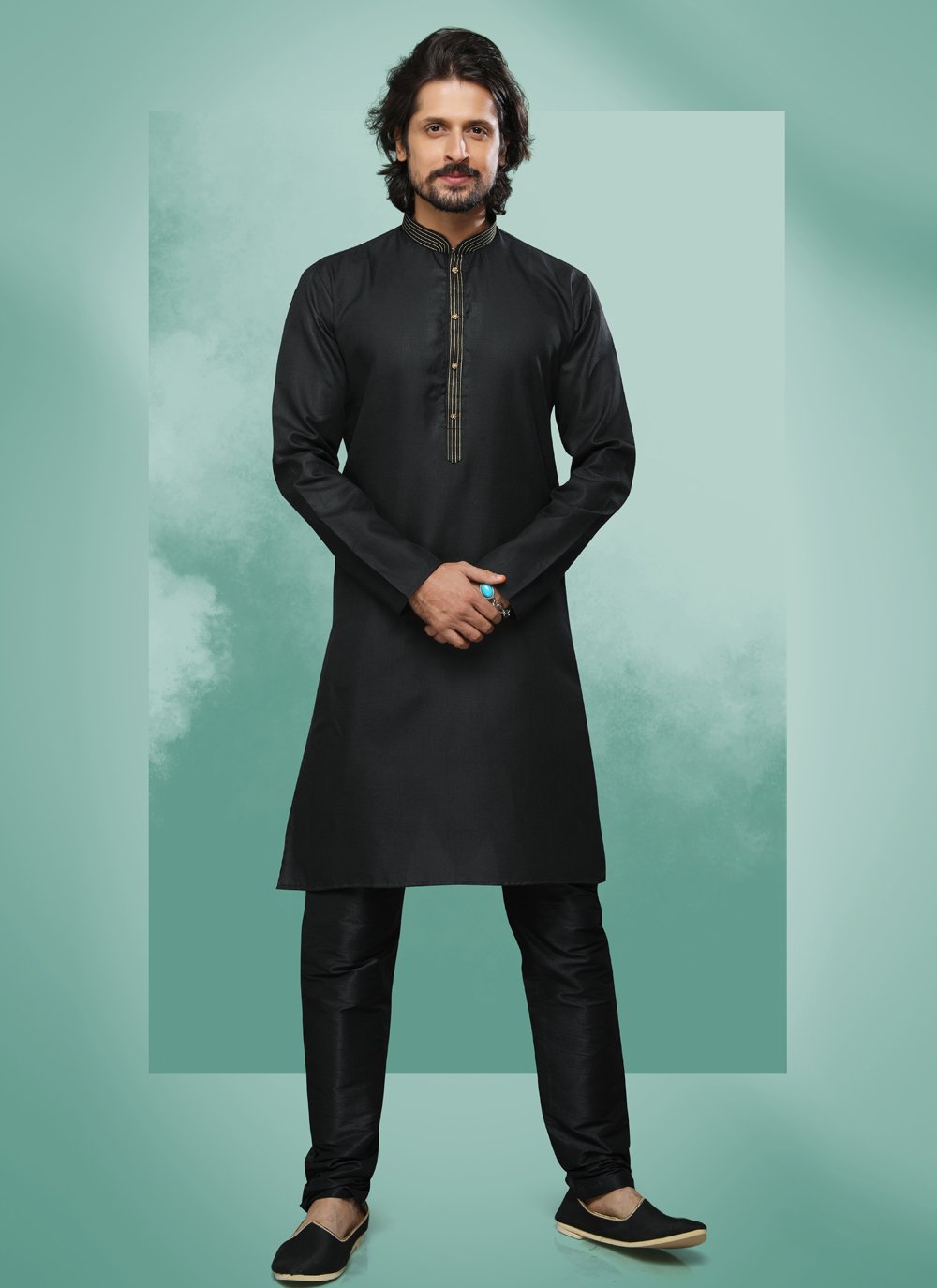 Kurta Pyjama Handloom Cotton Black Embroidered Mens