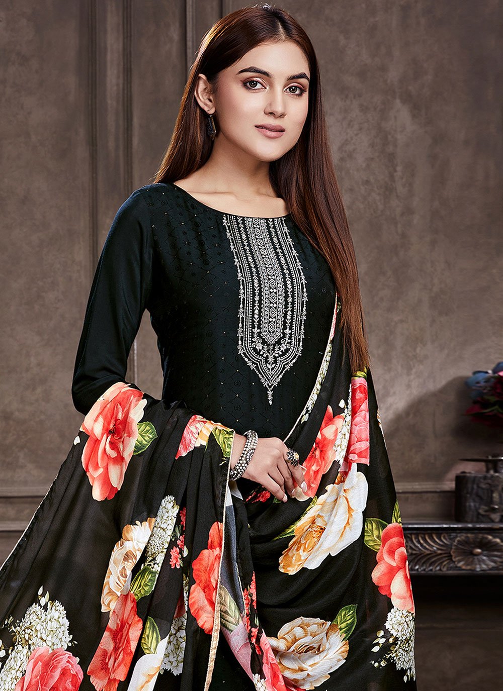 Pant Style Suit Muslin Black Embroidered Salwar Kameez