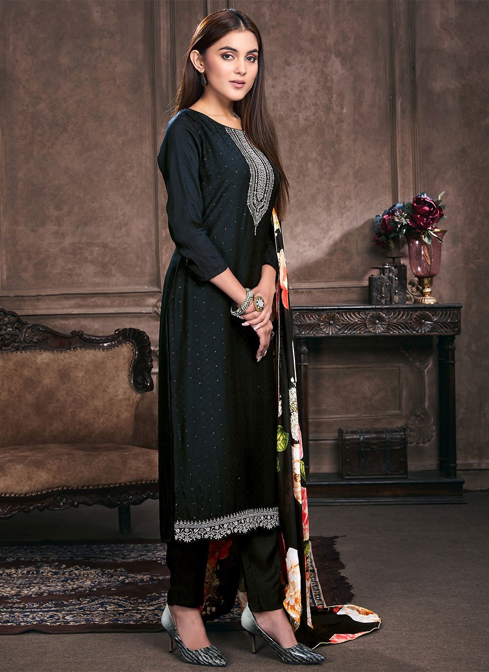 Pant Style Suit Muslin Black Embroidered Salwar Kameez