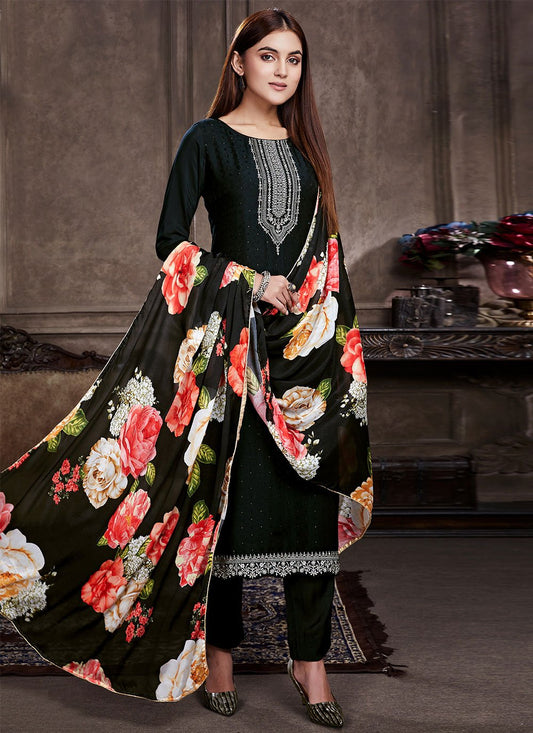 Pant Style Suit Muslin Black Embroidered Salwar Kameez