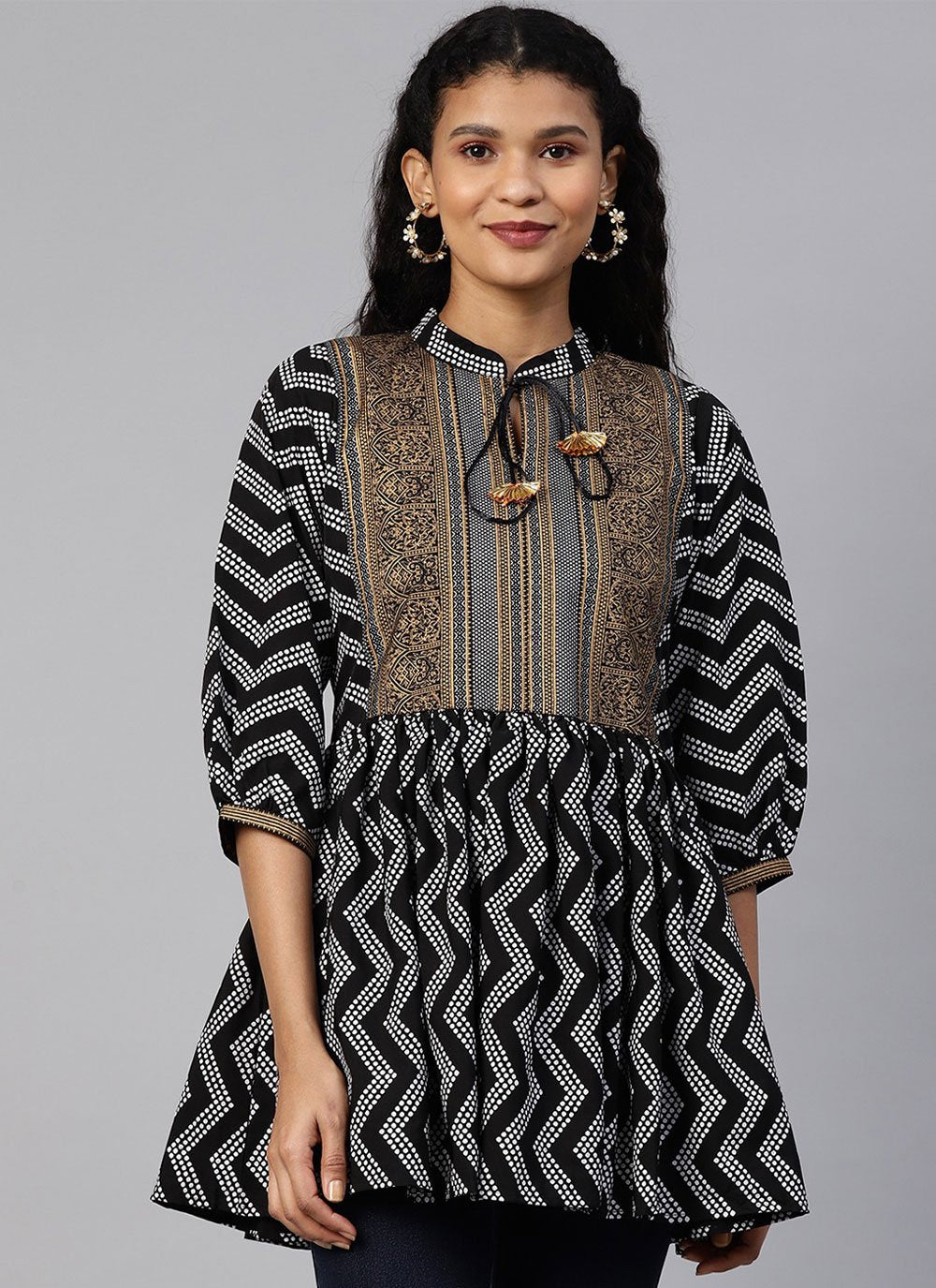 Party Wear Kurti Faux Crepe Black Print Kurtis