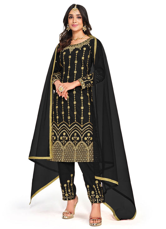 Salwar Suit Silk Black Embroidered Salwar Kameez