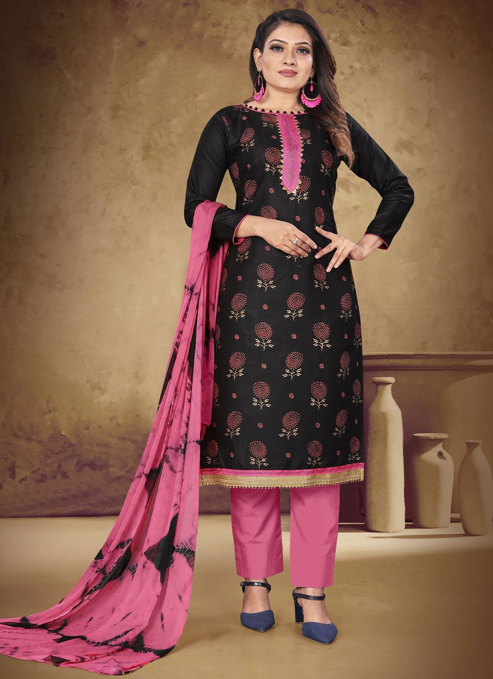 Salwar Suit Cotton Black Foil Print Salwar Kameez