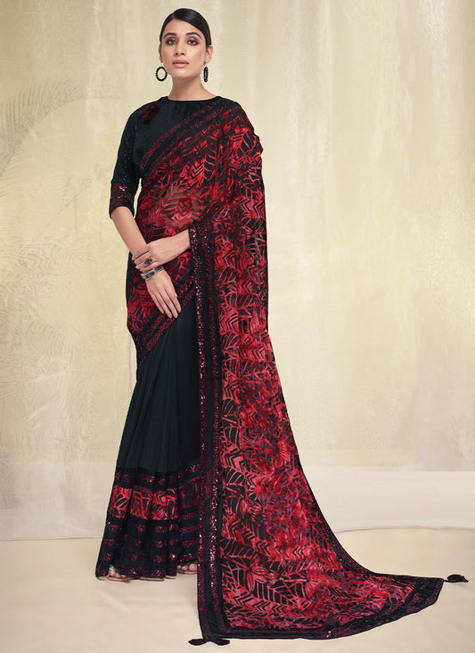 Traditional Saree Georgette Silk Black Applique Work Saree