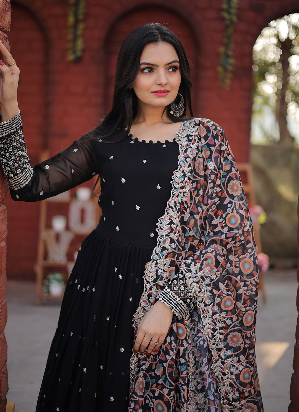 Gown Faux Georgette Black Embroidered Gown