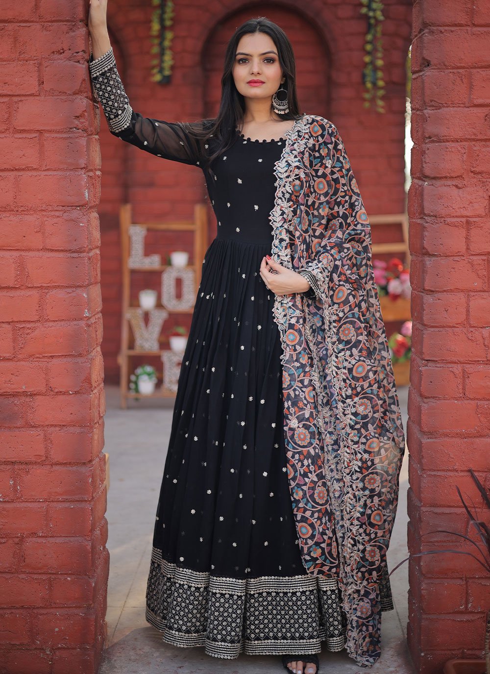 Gown Faux Georgette Black Embroidered Gown