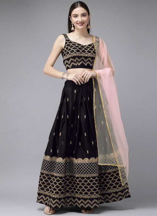 Lehenga Choli Satin Black Embroidered Lehenga Choli