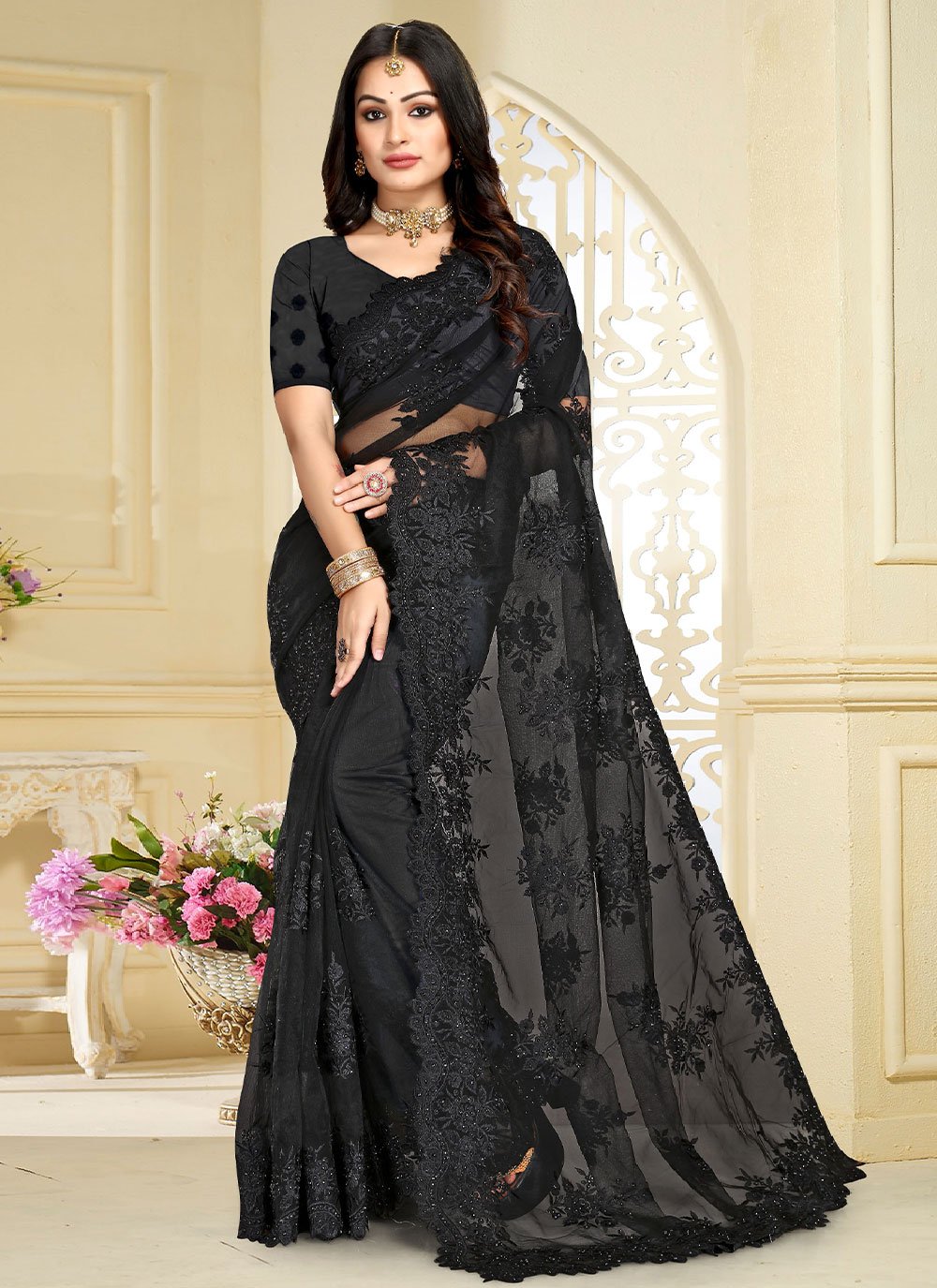 Trendy Saree Net Black Embroidered Saree