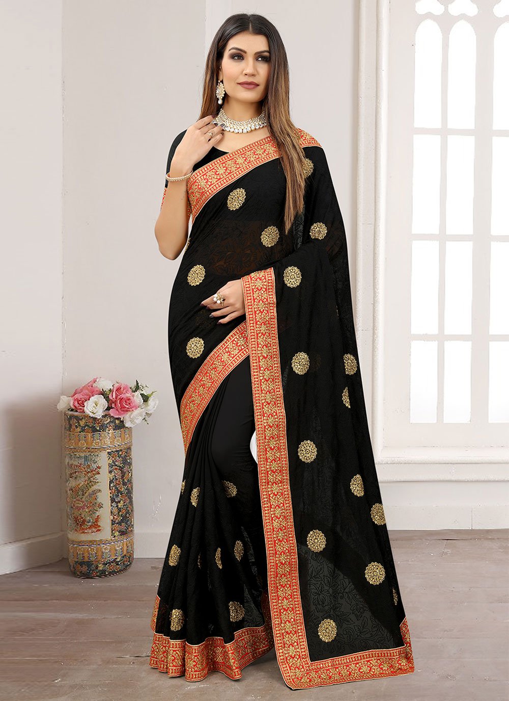 Contemporary Georgette Black Aari Work Saree