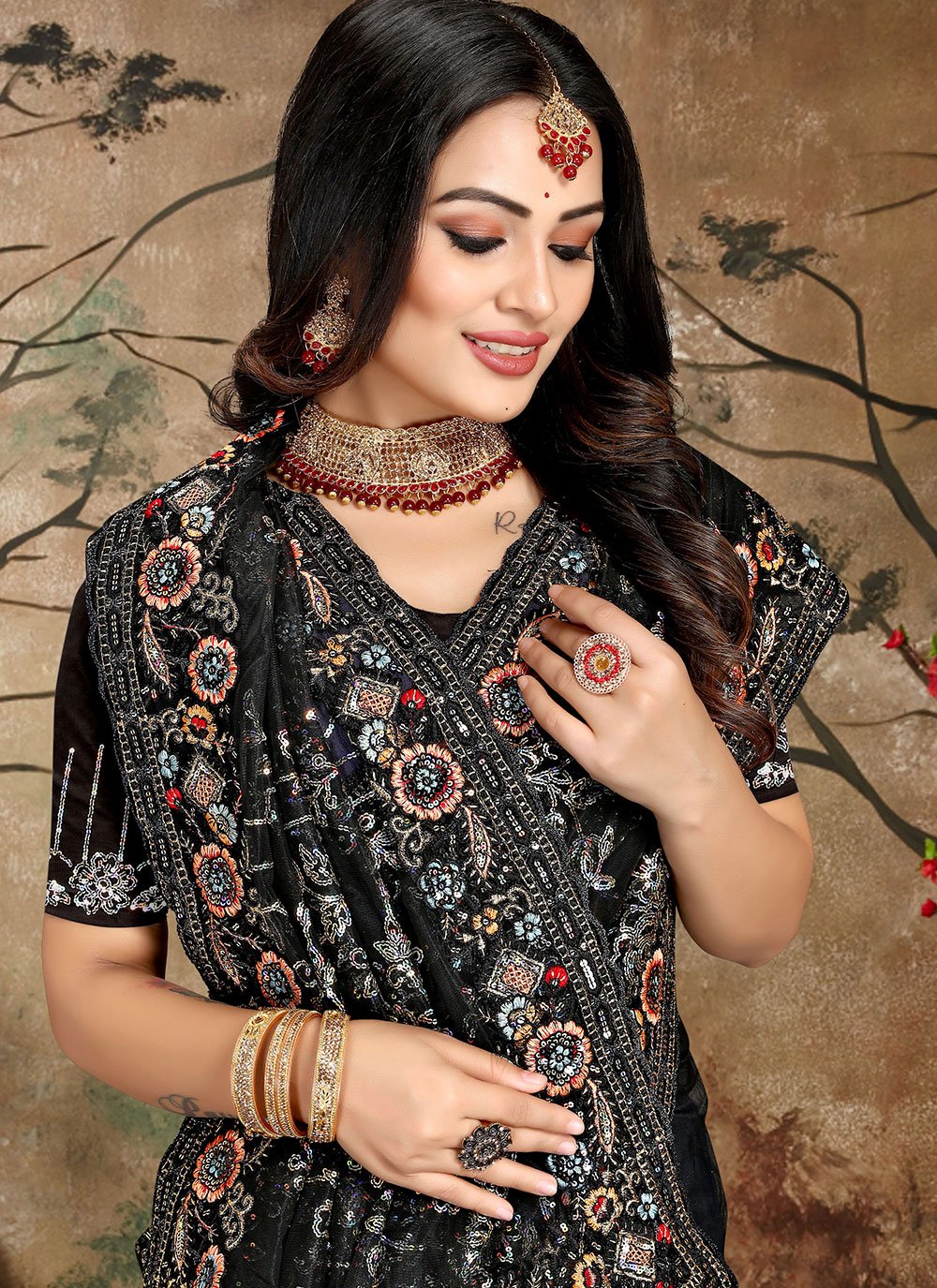 Classic Net Black Cord Work Saree