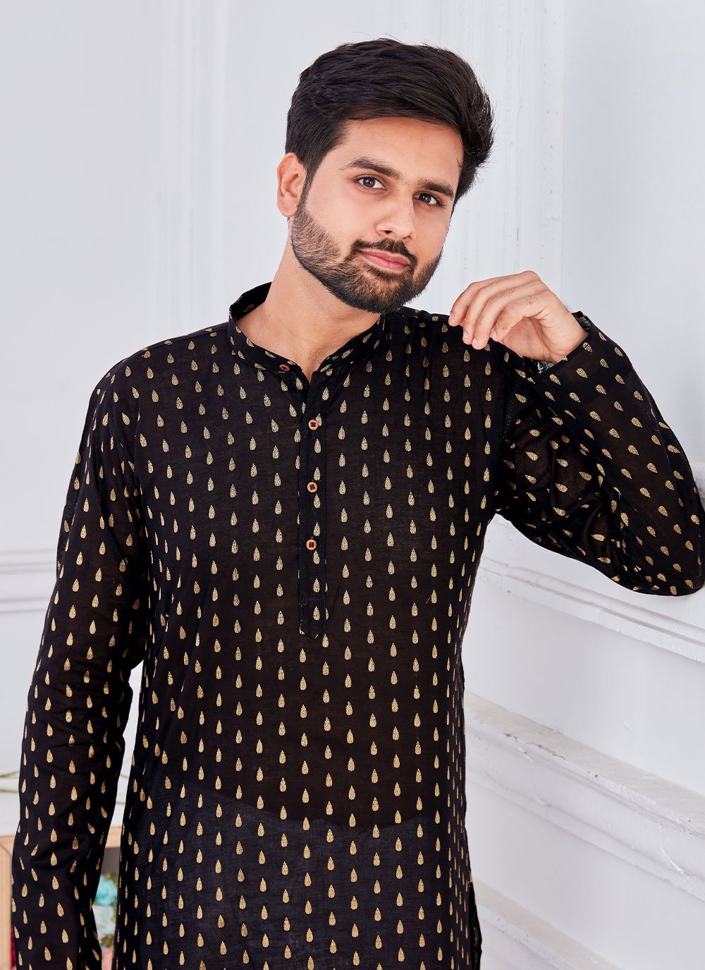 Kurta Pyjama Cotton Black Weaving Mens