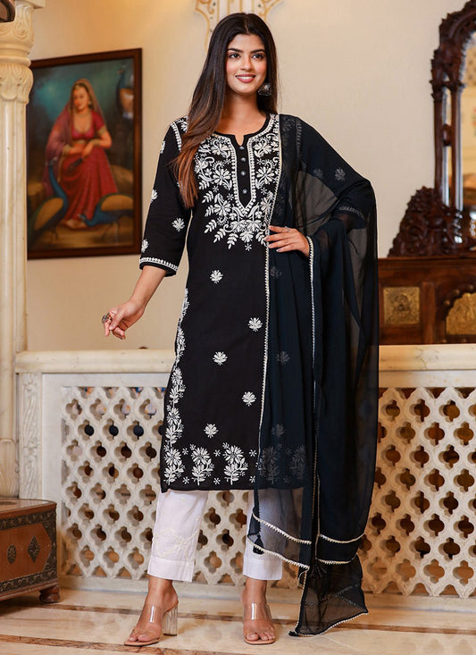 Salwar Suit Cotton Black Lucknowi Work Salwar Kameez