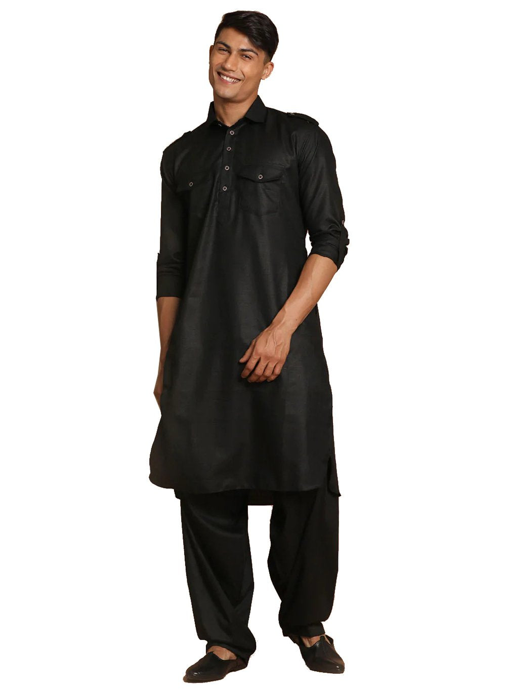 Kurta Pyjama Cotton Black Plain Mens