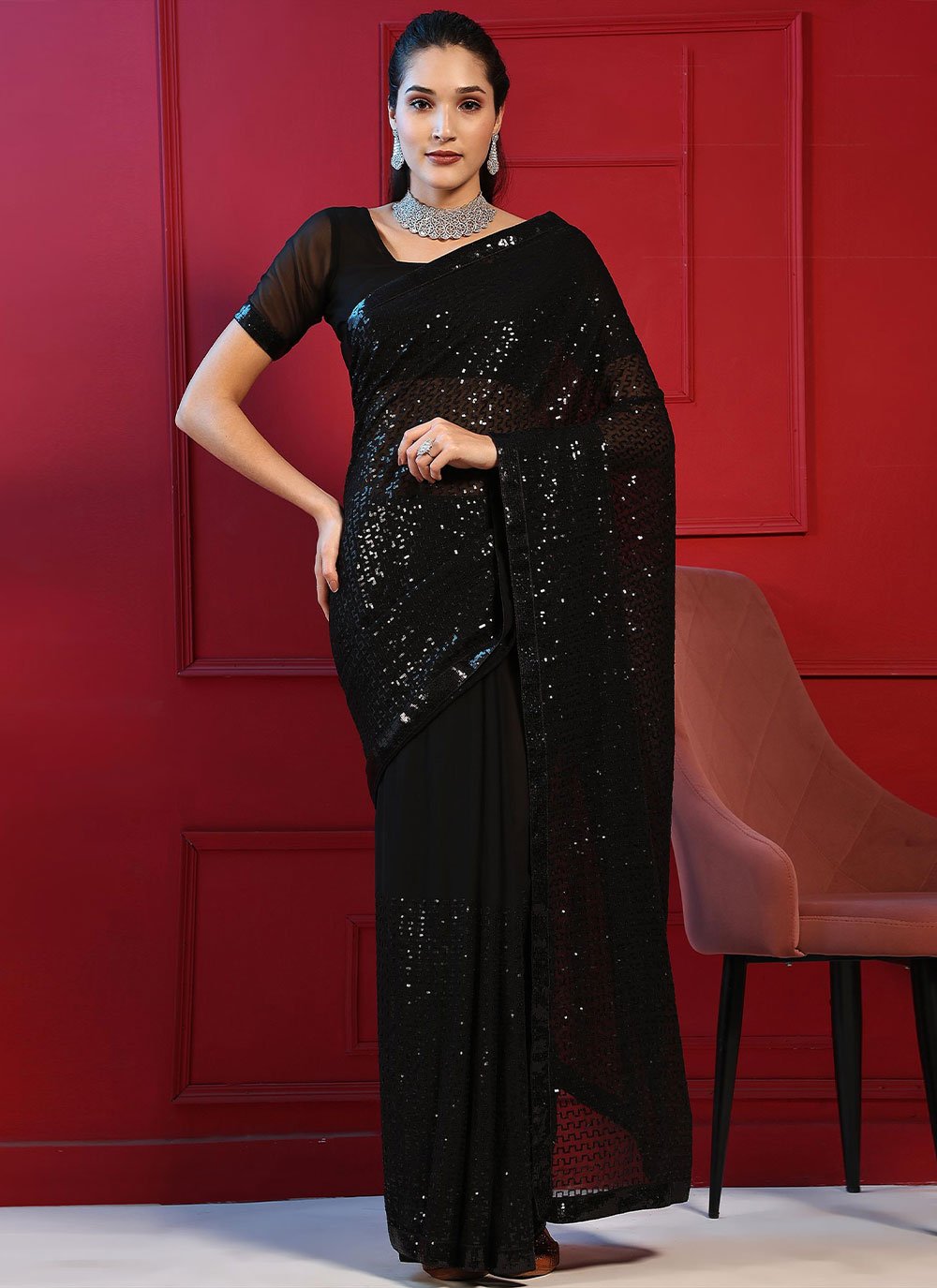 Designer Georgette Black Embroidered Saree