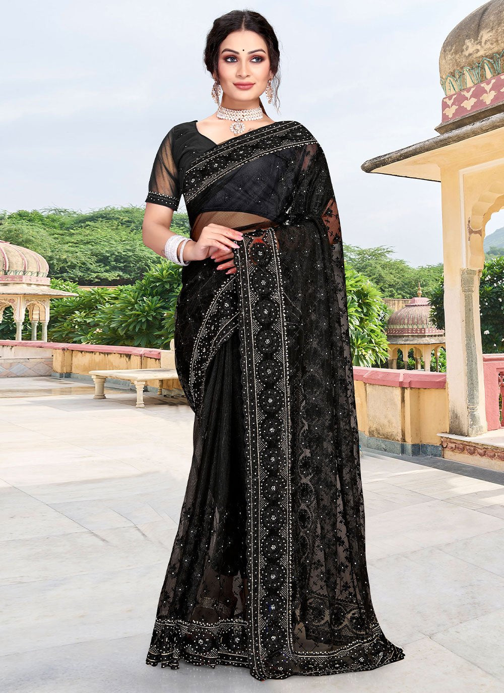 Classic Net Black Diamond Saree