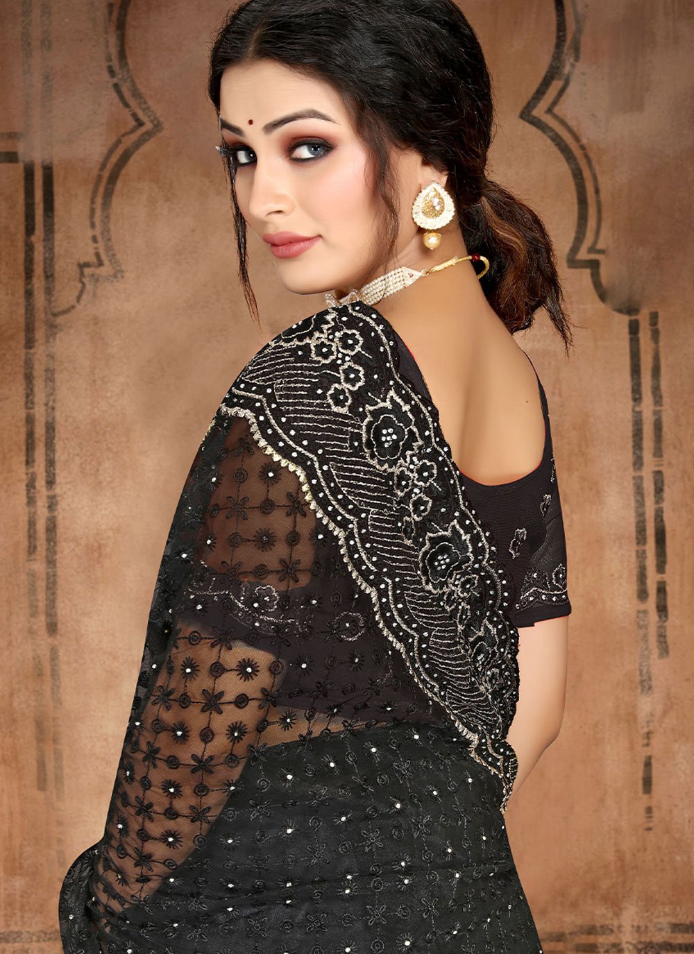 Classic Net Black Diamond Saree