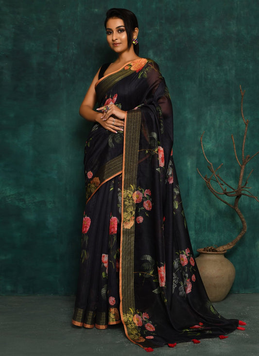 Designer Fancy Fabric Black Digital Print Saree