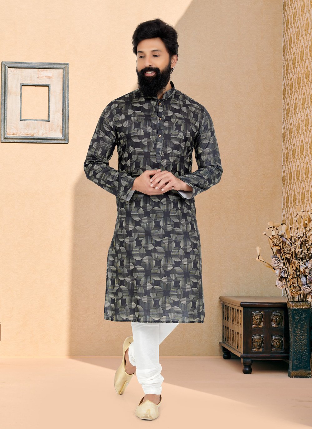 Kurta Pyjama Cotton Black Digital Print Mens