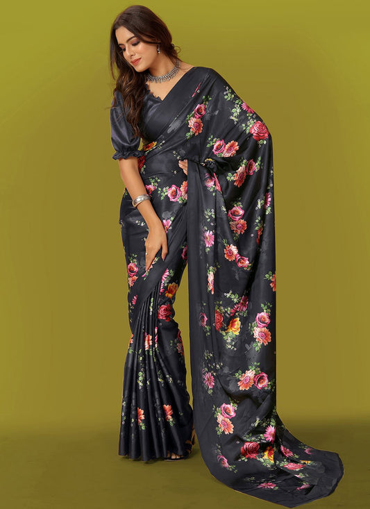 Contemporary Satin Black Digital Print Saree