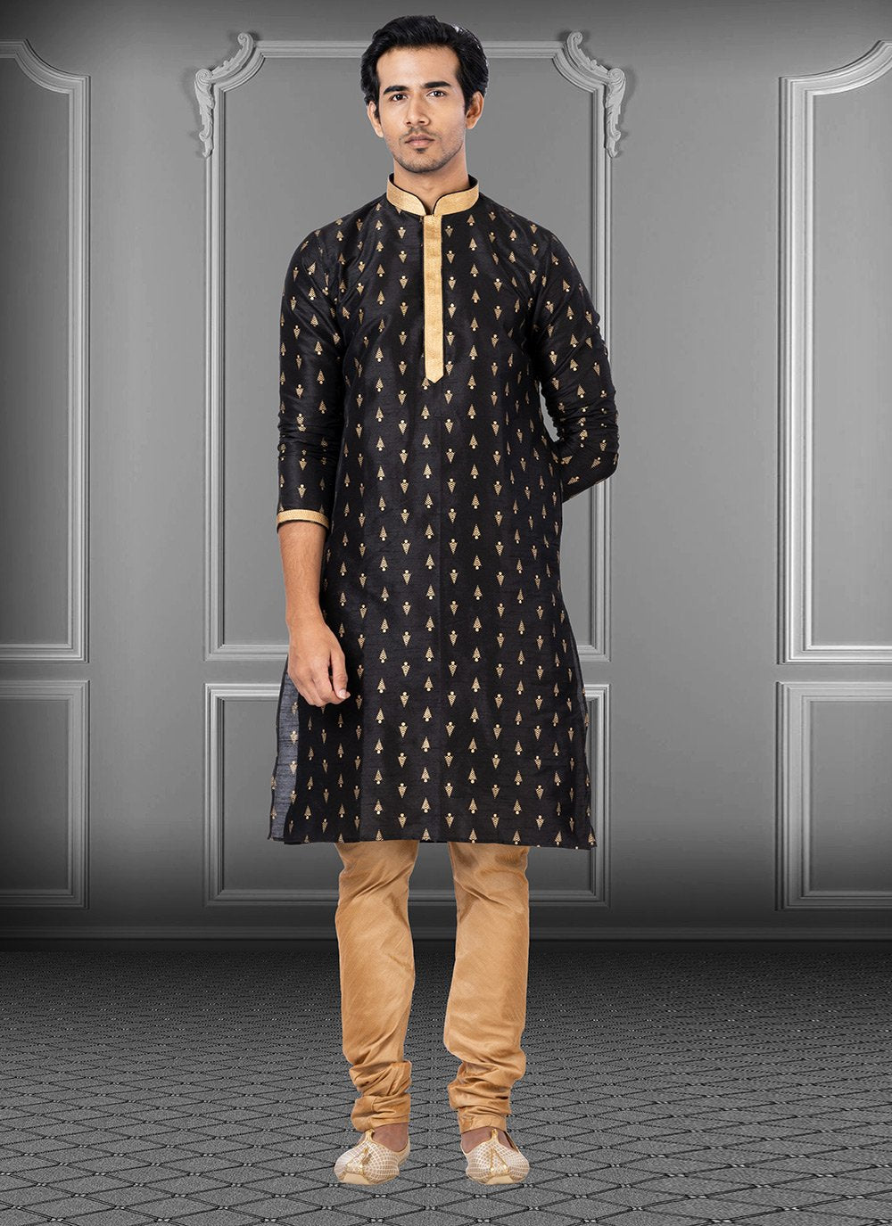 Kurta Pyjama Dupion Silk Black Print Mens