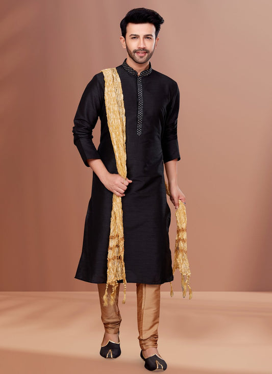 Kurta Pyjama Dupion Silk Black Embroidered Mens