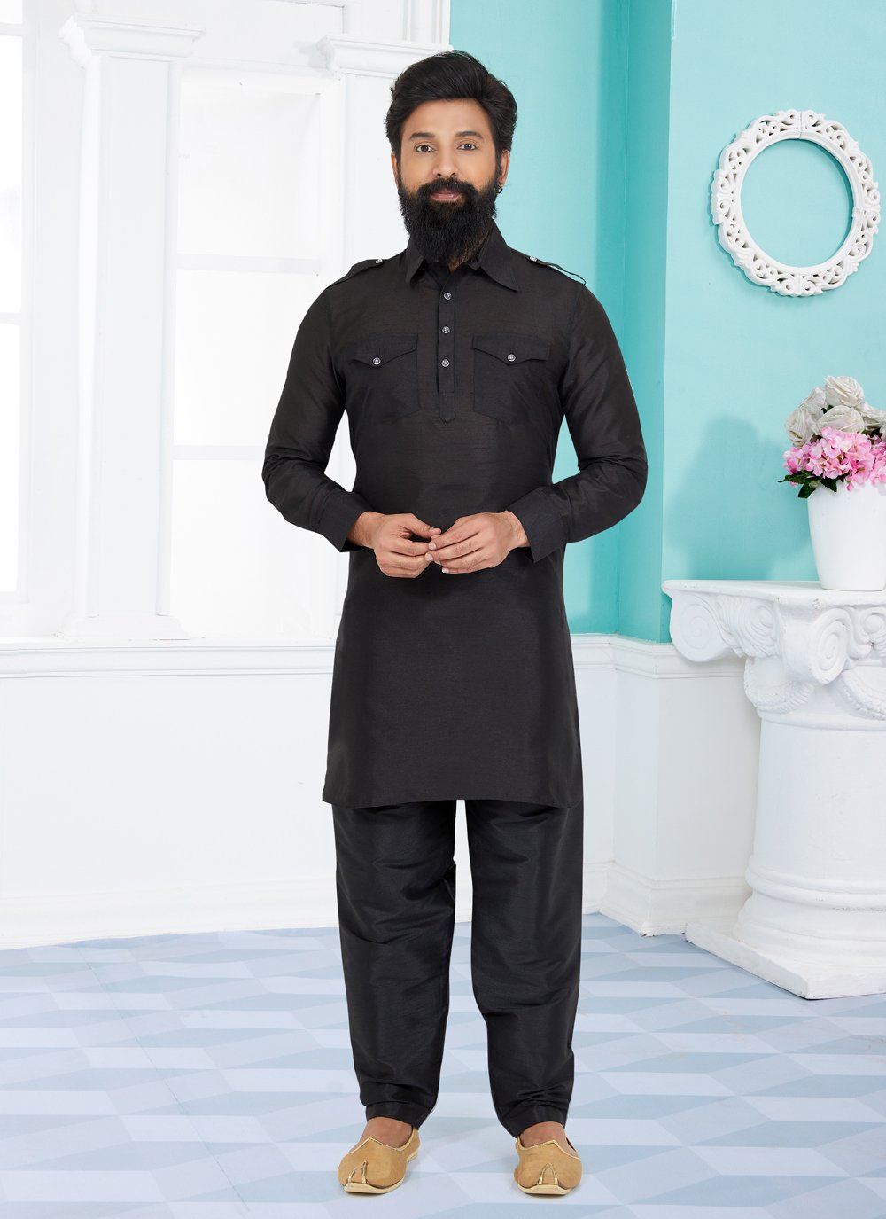 Kurta Pyjama Dupion Silk Black Plain Mens