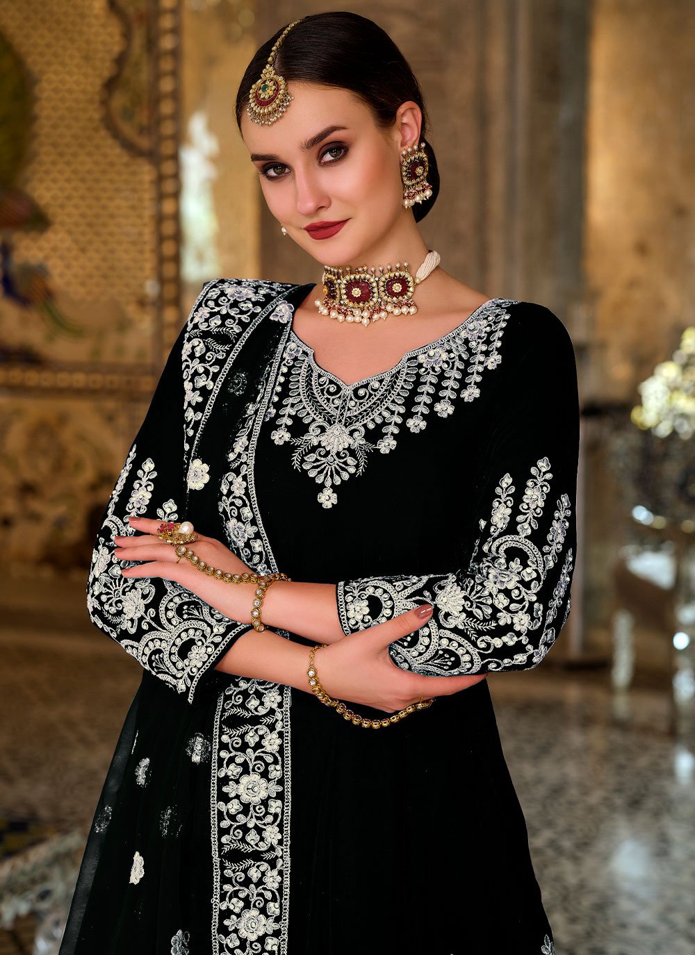 Anarkali Suit Velvet Black Embroidered Salwar Kameez